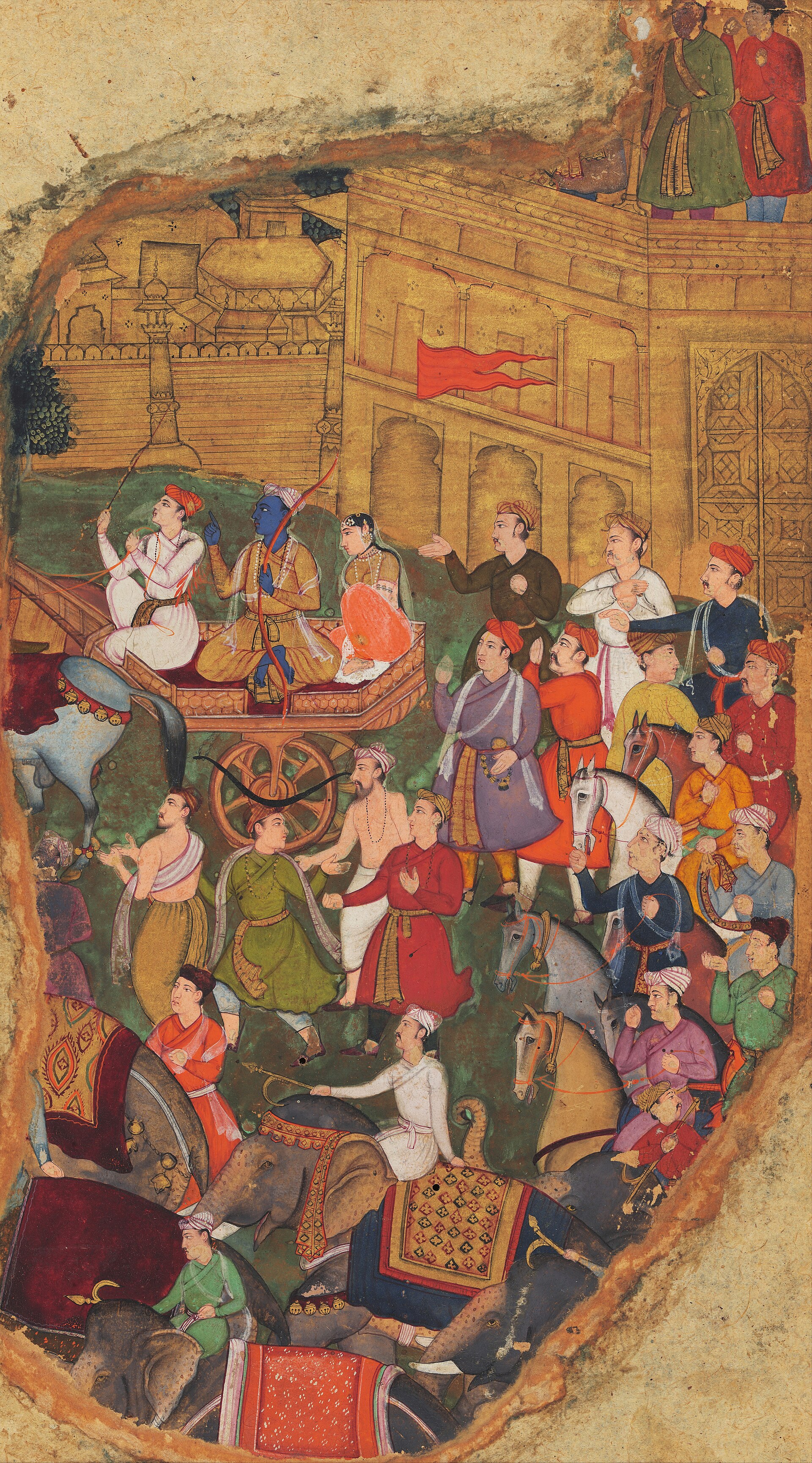 Rama, Sita and Lakshmana leaving the palace of Ayodhya for exile — Provincial Mughal style painting, Orchha, circa 1605